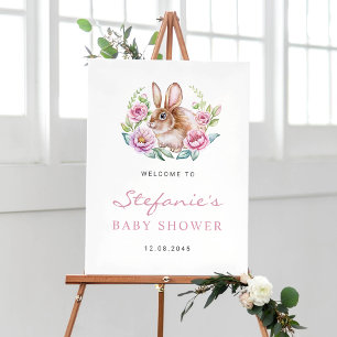 Poster Joli Baby shower de lapin et de fleurs roses en Wa