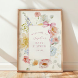 Poster Joli Baby shower Fleur sauvage rose Bow