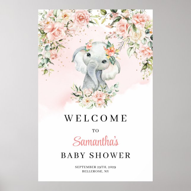 Poster Joli bébé éléphant rougissant Baby shower fille Bi (Devant)