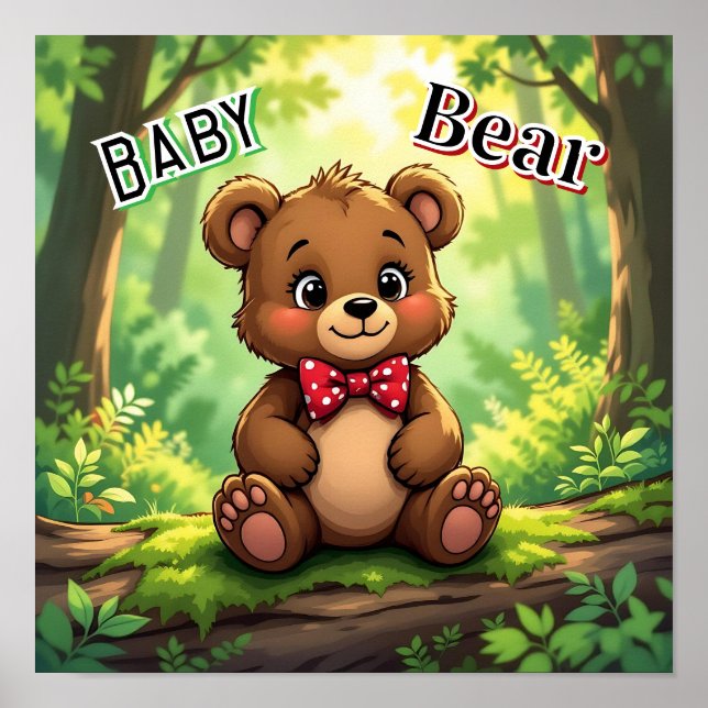 Poster Joli bébé ours en dessin animé dans les bois (Devant)