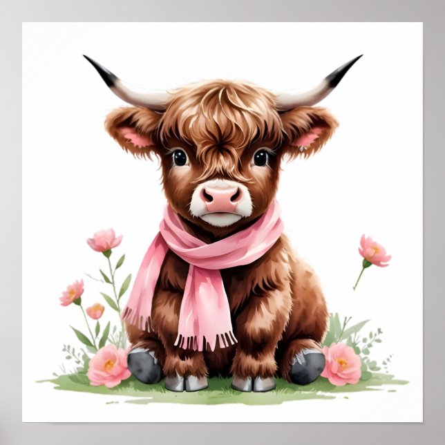 Poster Joli bébé vache des Highlands avec des fleurs (Devant)