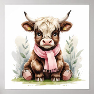 Poster Joli bébé vache des Highlands avec des fleurs – Nu