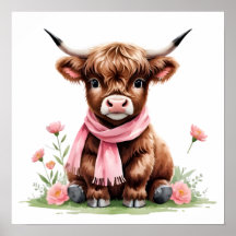 Joli bébé vache highland avec des fleurs