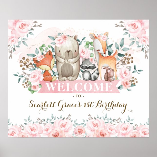 Poster Joli bois rose florale fille Anniversaire Bienvenu (Devant)