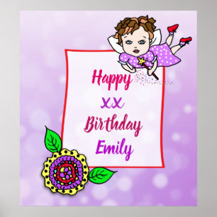 Poster Joli Brown Cheveux Fairy Girl Joyeux anniversaire