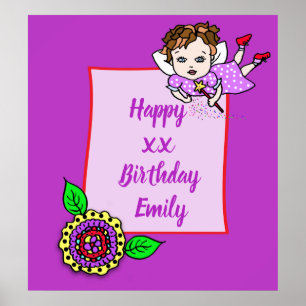 Poster Joli Brown Cheveux Fairy Girl Joyeux anniversaire