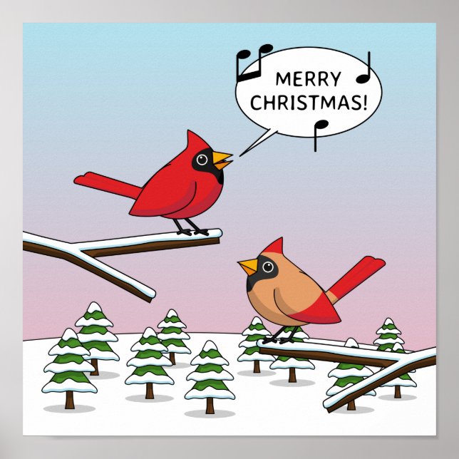 Poster Joli Cardinal Rouge chanter Joyeux Noël (Devant)