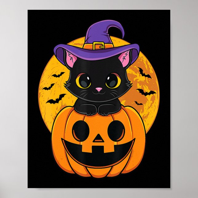 Poster Joli Casquette Halloween Chat Noir Sorcière Citrou (Devant)