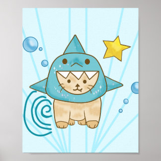 Poster Joli chat beige en costume de requin thème mer aqu