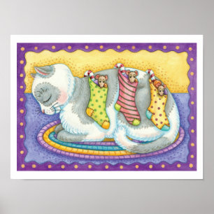 Poster Joli chat de Noël dormant avec des souris dans des