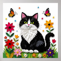 Joli chat noir et blanc, fleurs et papillons