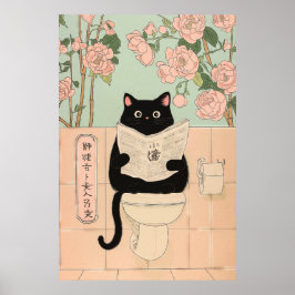 Poster Joli Chat Noir Lisant dans les Toilettes