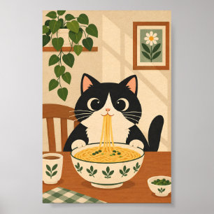 Poster Joli Chat Noir Mangeant des Ramen – Vieux Japonais