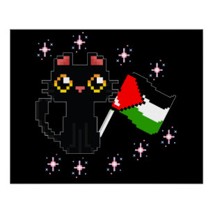 Poster joli chat noir tenant le drapeau de la Palestine