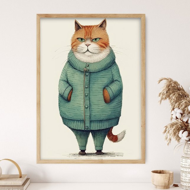 Poster Joli Chat Roux En Pull Vert, Chat Drôle De (Créateur téléchargé)