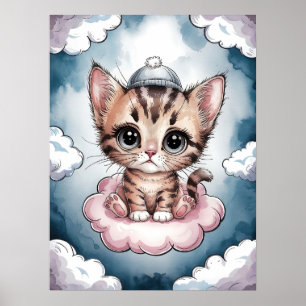 Poster Joli Chaton sur un Nuage - Aquarelle Adorable