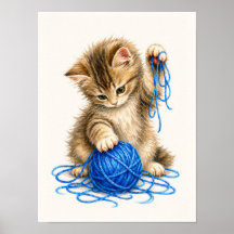 Joli chaton tabby jouant avec du fil bleu