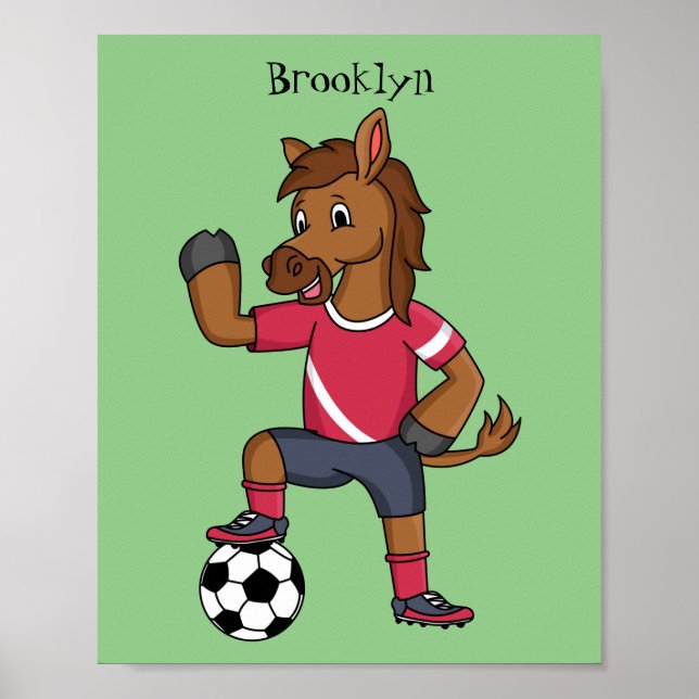 Poster Joli cheval drôle jouant dessin de football (Devant)