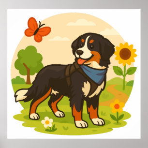 Poster Joli chien de montagne bernois avec tournesol et b