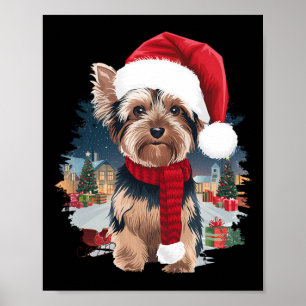 Poster Joli Chien Yorkie Noël Père Noël Chapeau Écharpe H