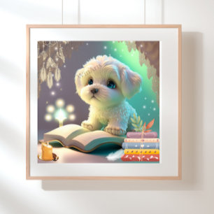 Poster Joli chiot lisant un livre Art de nurserie
