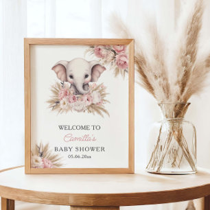 Poster Joli Elephant rose Boho Girl Baby shower Bienvenue