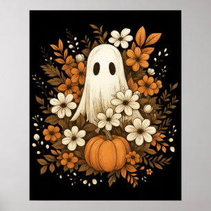 Poster Joli Fantôme avec Citrouille et Fleurs d'Automne –