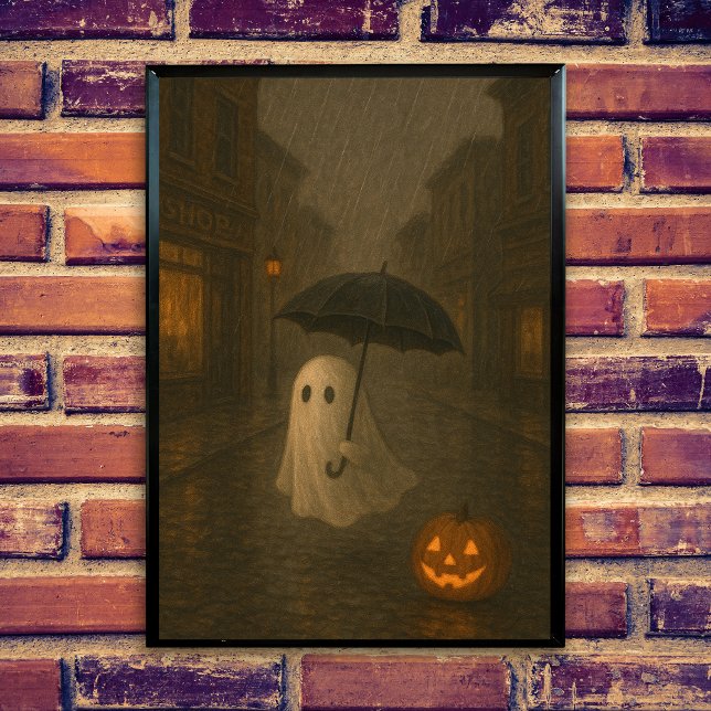 Poster Joli Fantôme avec Parapluie | Halloween Dark Acade (Cute ghost in the rain, spooky halloween scene, umbrella, dark academis design, jack o lantern.)