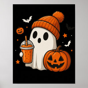 Poster Joli fantôme d'Halloween avec citrouille et boisso