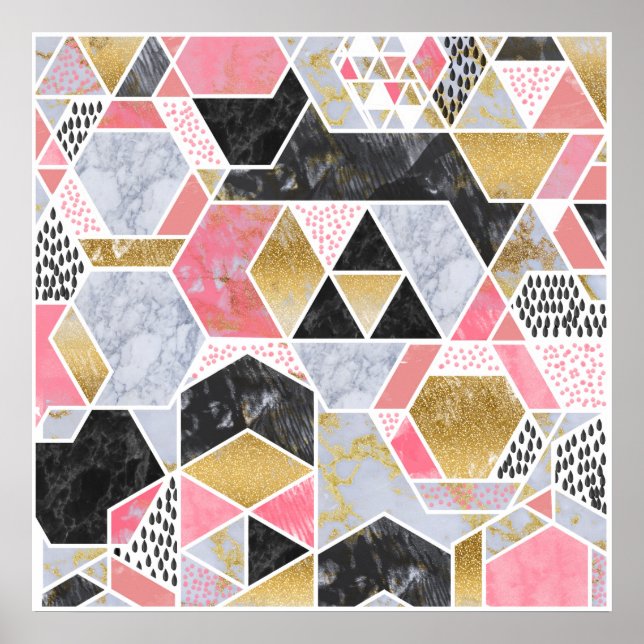 Poster Joli faux or parties scintillant marbre design géo (Devant)