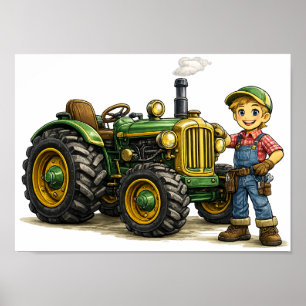 Poster Joli Garçon Fermier Avec Art De Tracteur Vert Vint