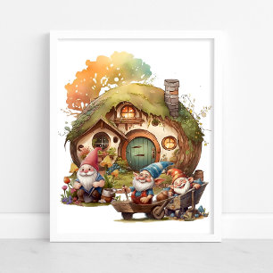 Poster Joli Gnome, Champignon, Et Maison Heureuse