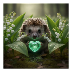 Poster Joli hérisson de mai avec cœur d'émeraude