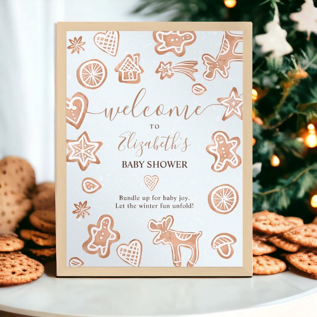 Poster Joli hiver Noël bienvenue baby shower biscuit (Cute winter Christmas welcome cookie baby shower Poster)