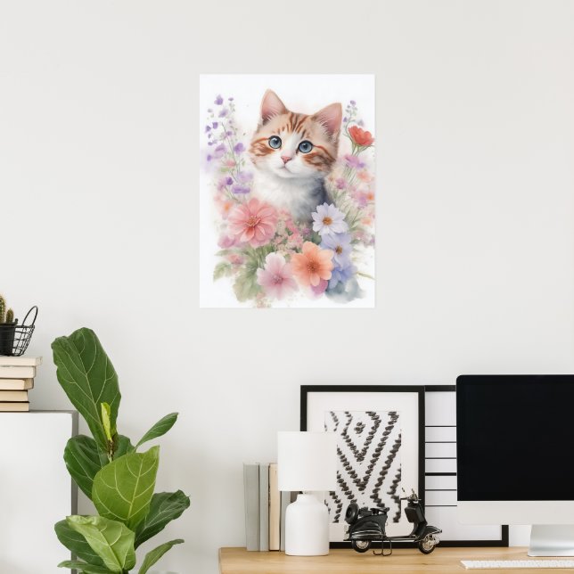 Poster Joli Kitten à l'aquarelle avec des fleurs (Bureau à domicile)