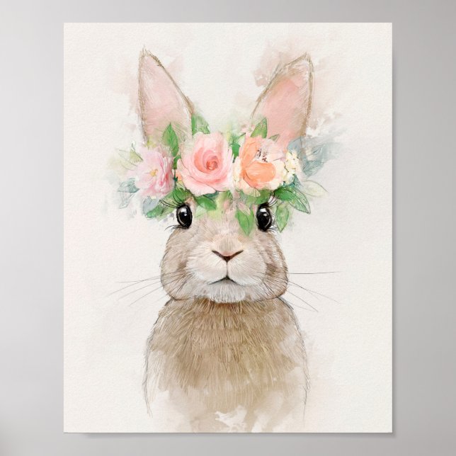 Poster Joli lapin avec Portrait de Couronne Fleur (Devant)