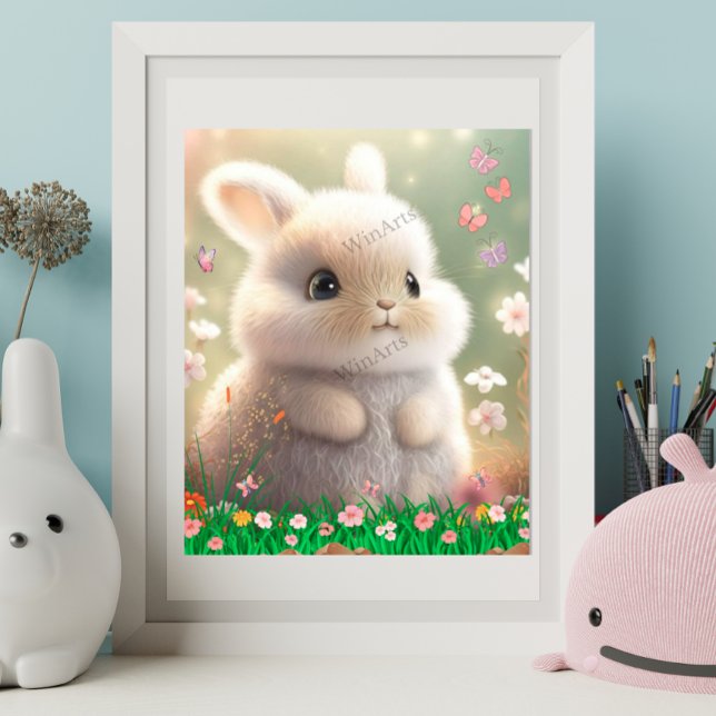 Poster Joli Lapin Blanc dans le Jardin de Fleurs Art Nurs (Créateur téléchargé)