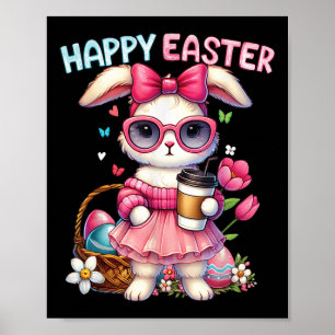 Poster Joli lapin de Pâques Boire du café de glace Bow de