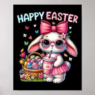 Poster Joli lapin de Pâques buvant un café glacé Arc de P