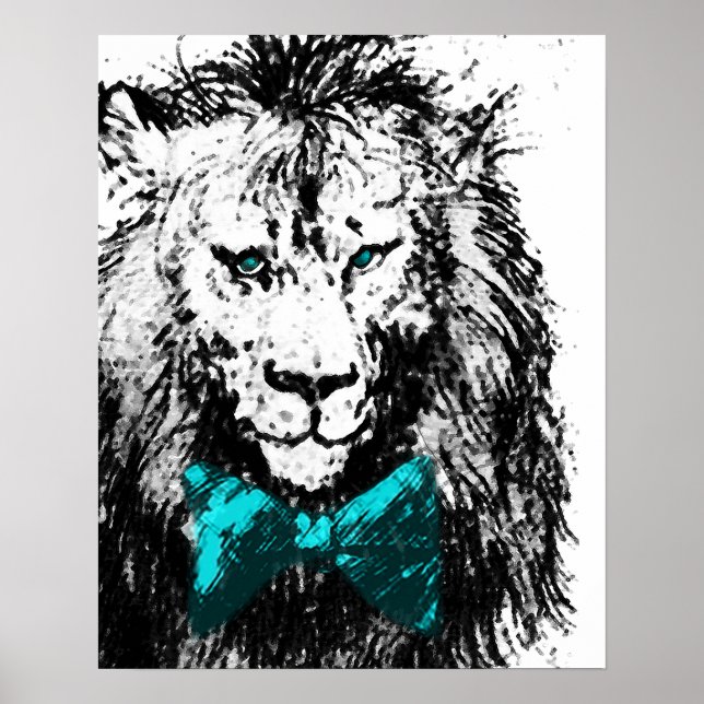 Poster Joli Lion avec Cravate Bleue Bow et les yeux (Devant)