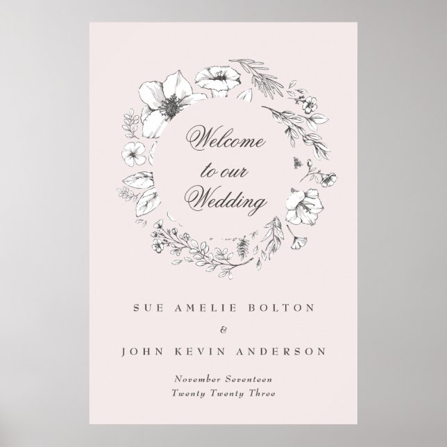 Poster Joli Monogramme Floral Blush Sketched Welcome (Devant)