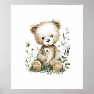 Poster Joli ours en peluche à l'aquarelle avec des fleurs