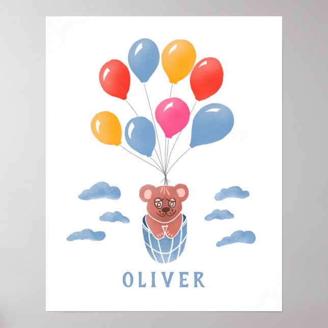 Poster Joli Ours en Peluche Ballons Bleus Garçon Nom Affi (Devant)