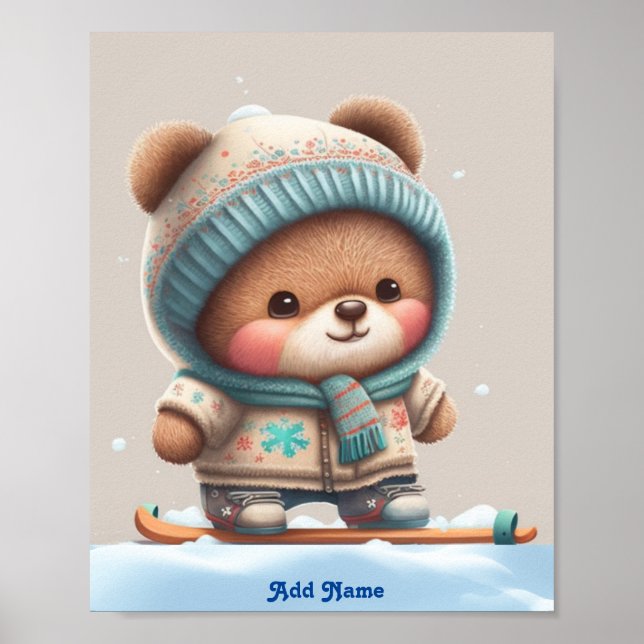 Poster Joli ours fantaisiste imprimé pour nurserie de ski (Devant)