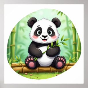 Poster Joli panda de dessin animé sur un carré de bambou