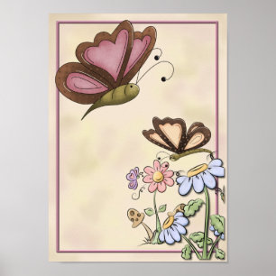 Poster Joli papillon aux fleurs rose et bleue