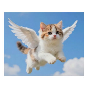 Poster Joli Petit Chat Calico Tabby Volant Ciel Bleu