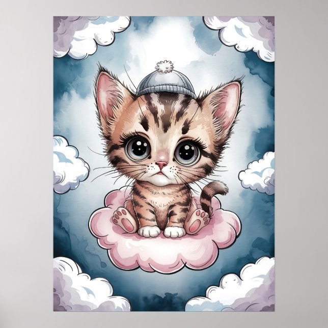 Poster Joli Petit Chat sur un Nuage - Aquarelle Adorable (Devant)