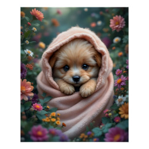 Poster Joli, petit, chiot duveteux entouré de fleurs