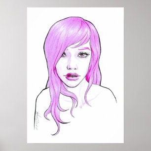 Poster Joli portrait de dessin de fille Cheveux roses Jol